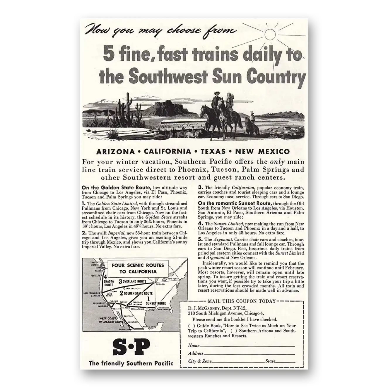 1946 Southern Pacific Southwest Sun Country Vintage Magazine Print Ad