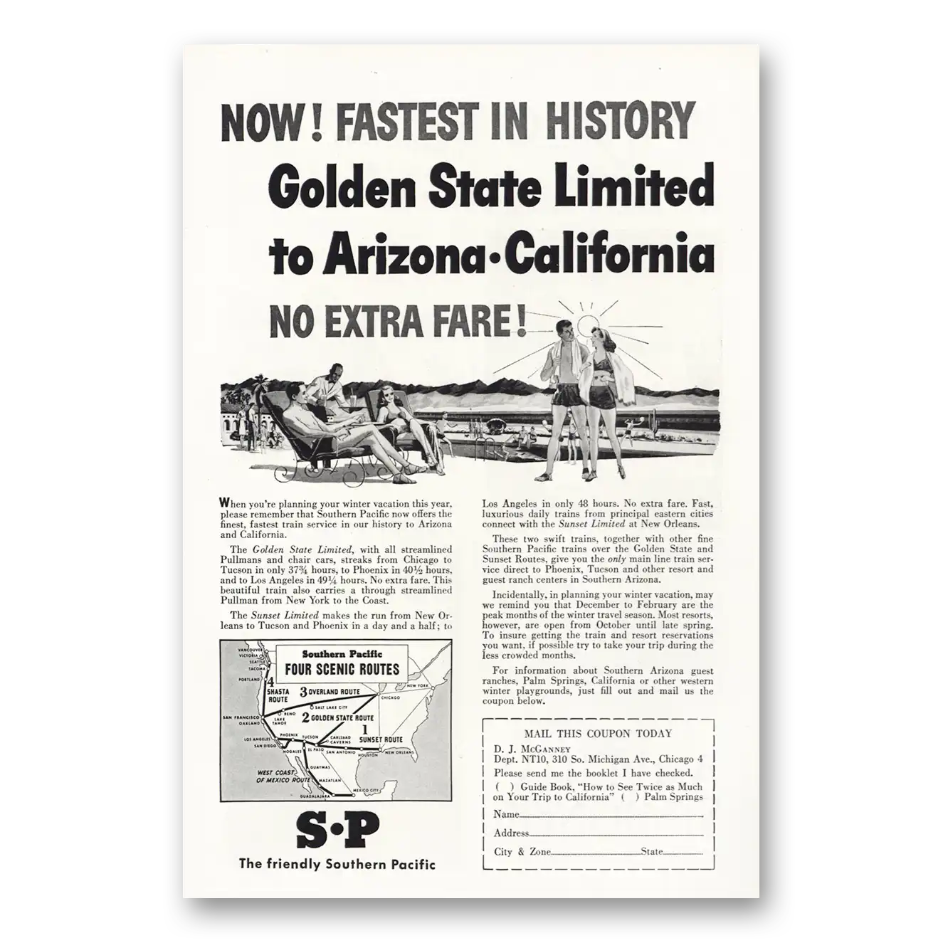 1946 Southern Pacific Fastest In History Vintage Magazine Print Ad