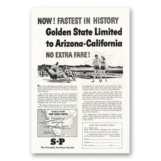 1946 Southern Pacific Fastest In History Vintage Magazine Print Ad