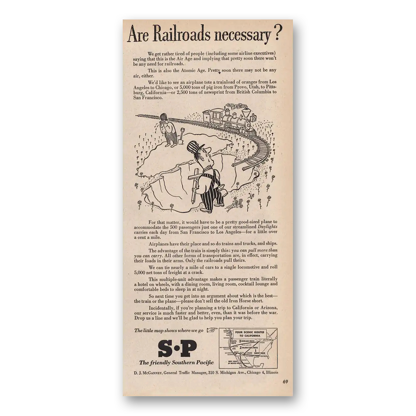 1946 Southern Pacific Are Railroads Necessary Vintage Magazine Print Ad