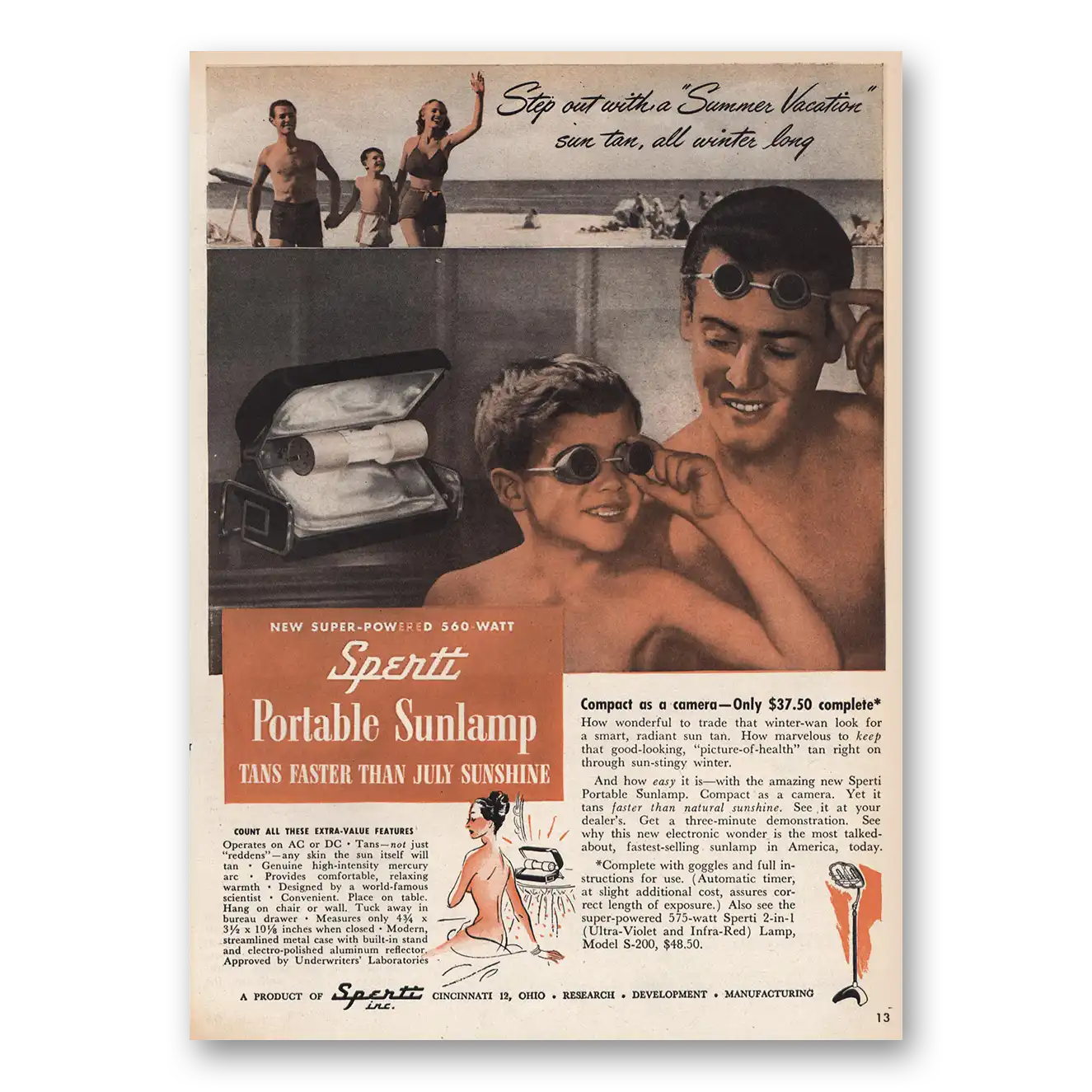 1946 Spertt Portable Sunlamp Tans Faster Vintage Magazine Print Ad