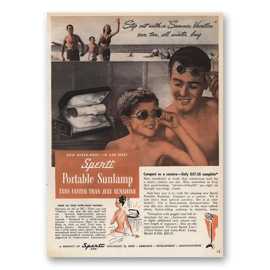 1946 Spertt Portable Sunlamp Tans Faster Vintage Magazine Print Ad