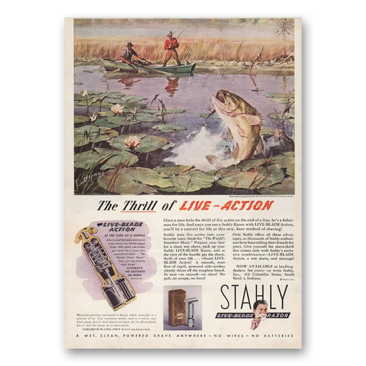 1946 Stahly Razor Thrill of Live Action Fishing Vintage Magazine Print Ad