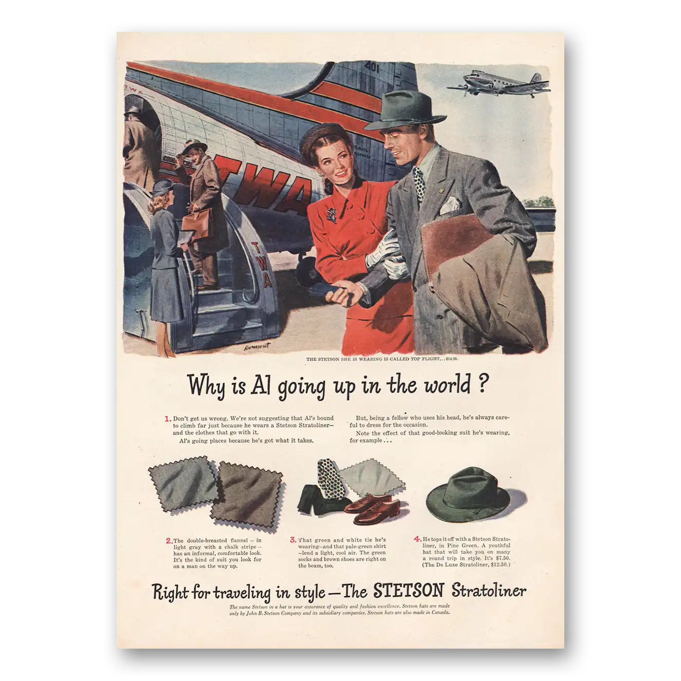 1946 Stetson Hats TWA Why Is Al Going Up in the World Vintage Magazine Print Ad