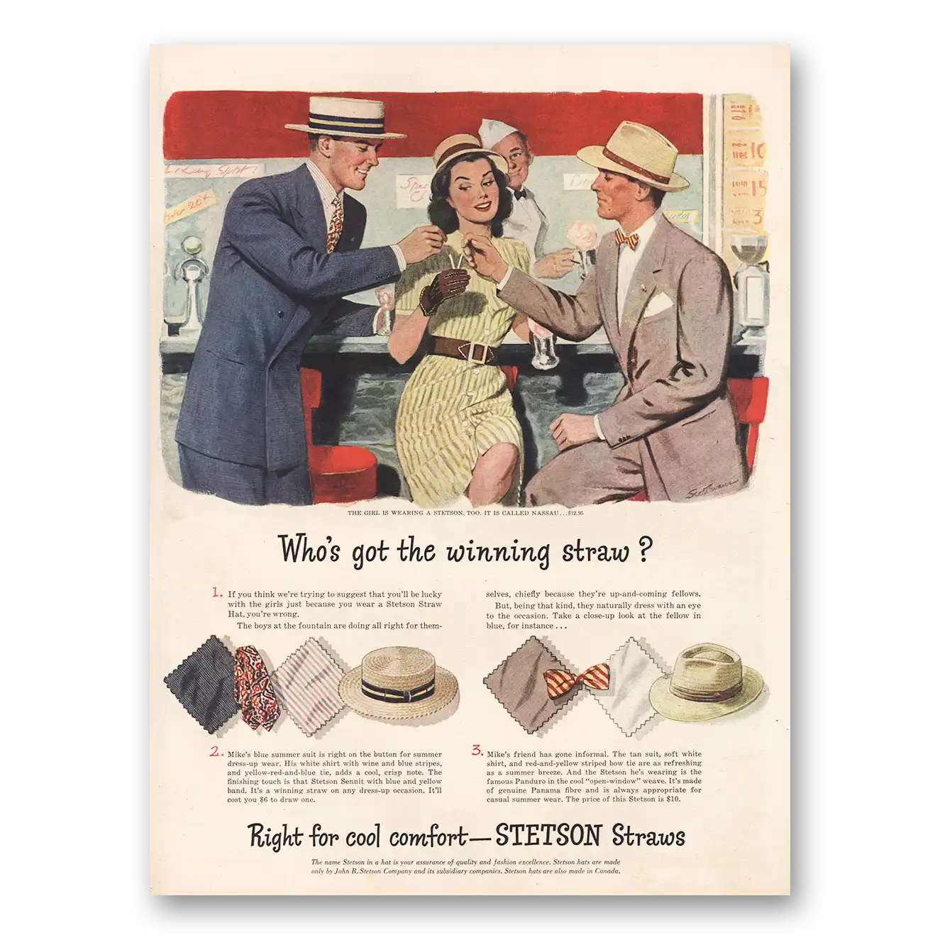 1946 Stetson Hats Straws Whos Got the Winning Straw Vintage Magazine Print Ad