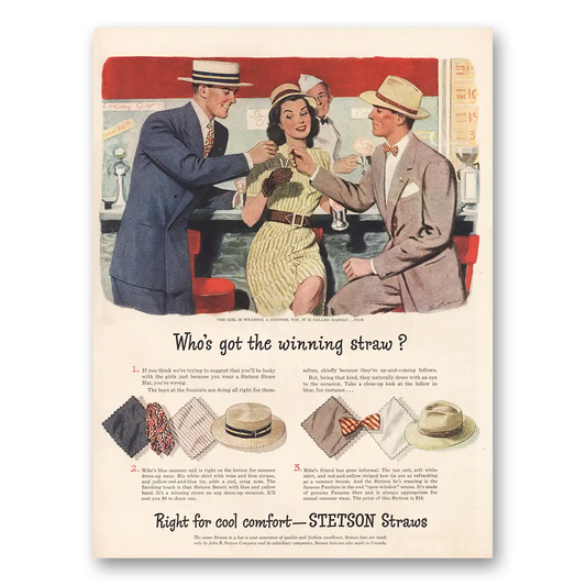 1946 Stetson Hats Straws Whos Got the Winning Straw Vintage Magazine Print Ad