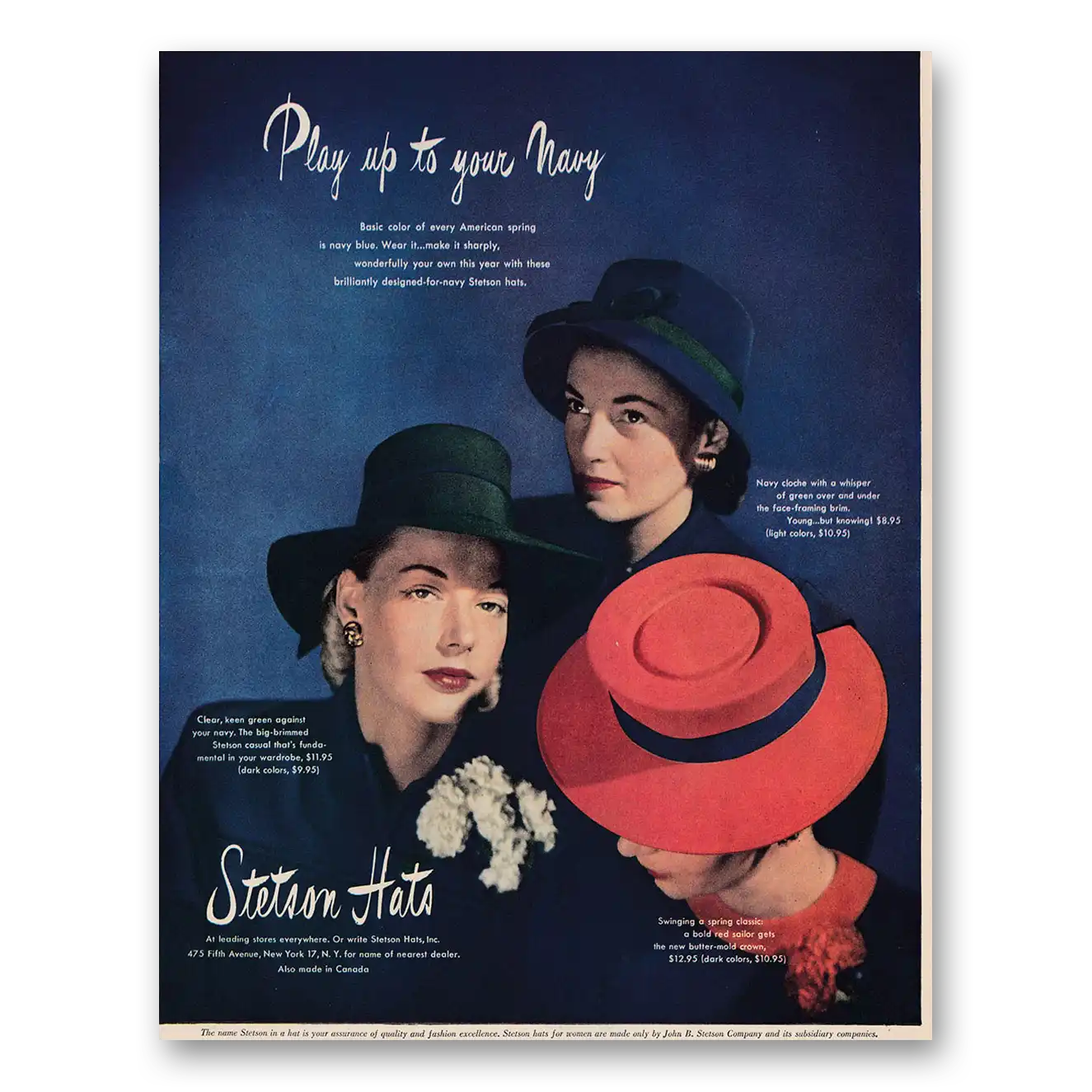 1946 Stetson Hats Play Up to Your Navy Vintage Magazine Print Ad