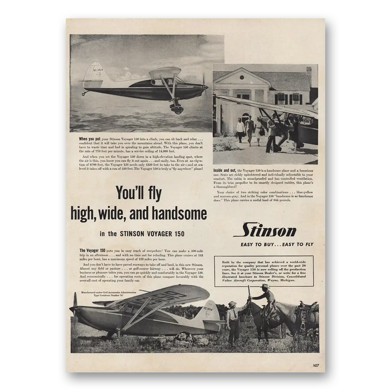 1946 Stinson Voyager 150 Airplane Fly High Wide and Handsome Vintage Magazine Print Ad