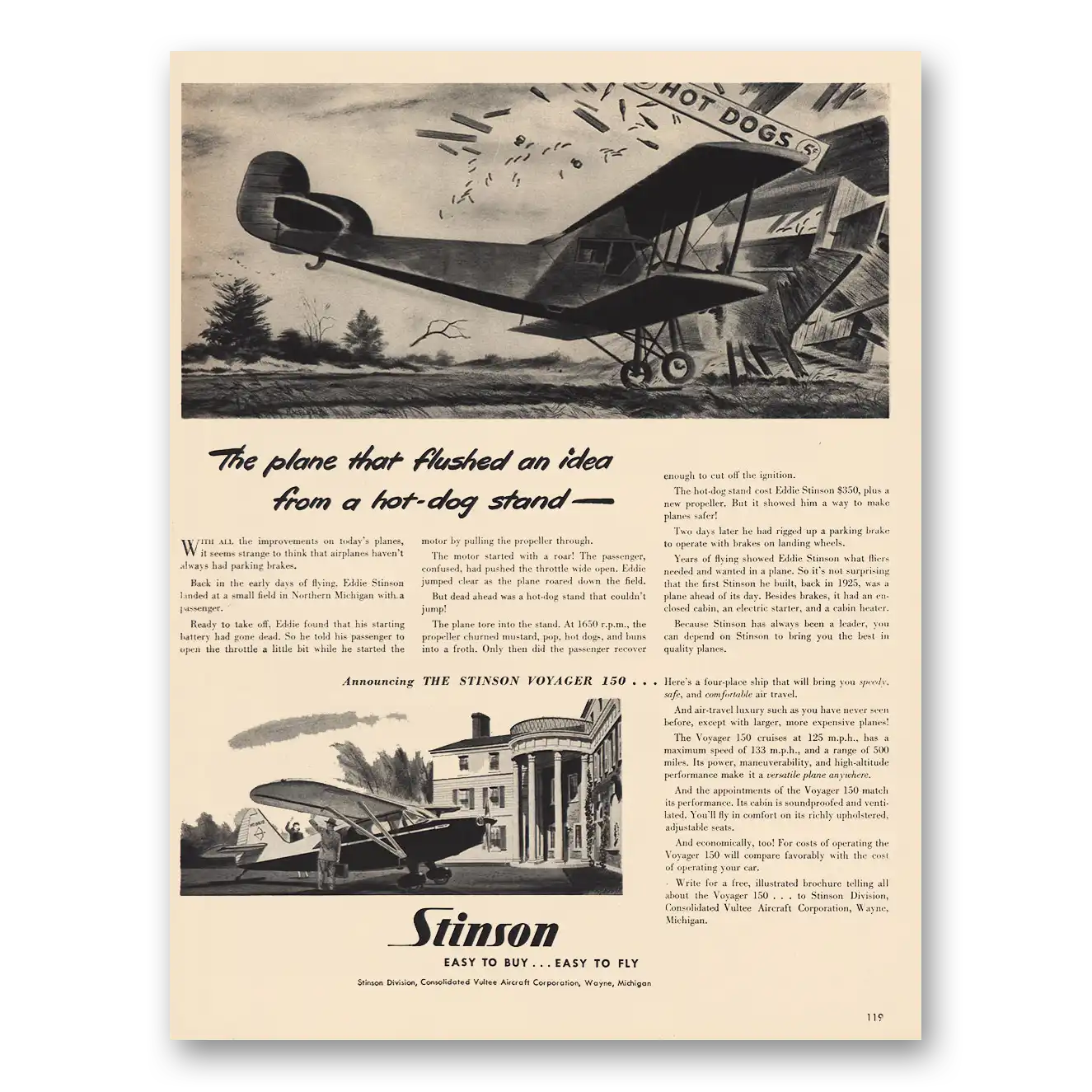 1946 Stinson Voyager 150 Airplane Flushed an Idea from a Hot Dog Stand Vintage Magazine Print Ad