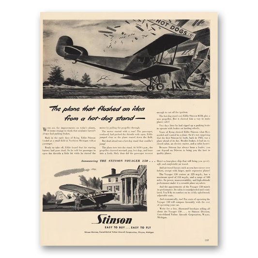 1946 Stinson Voyager 150 Airplane Flushed an Idea from a Hot Dog Stand Vintage Magazine Print Ad