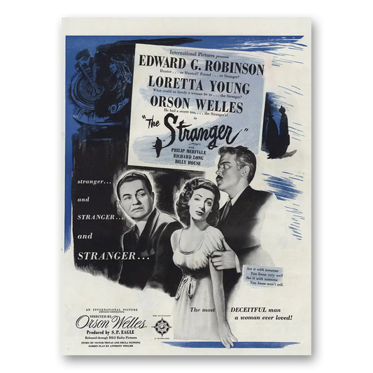 1946 The Stranger Movie Promo Edward G Robinson and Loretta Young Vintage Magazine Print Ad