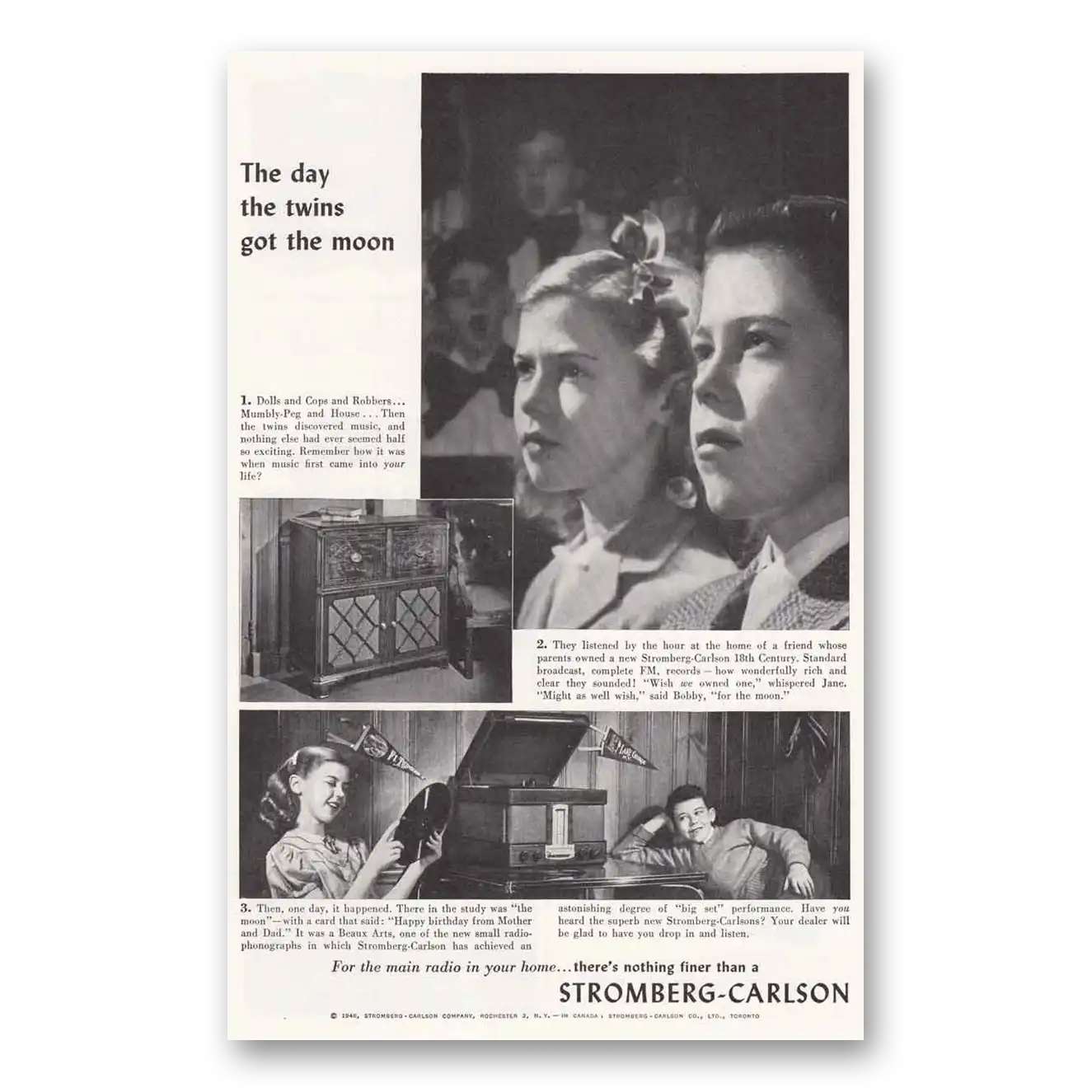 1946 Stromberg Carlson Radios Day the Twins Got the Moon Vintage Magazine Print Ad