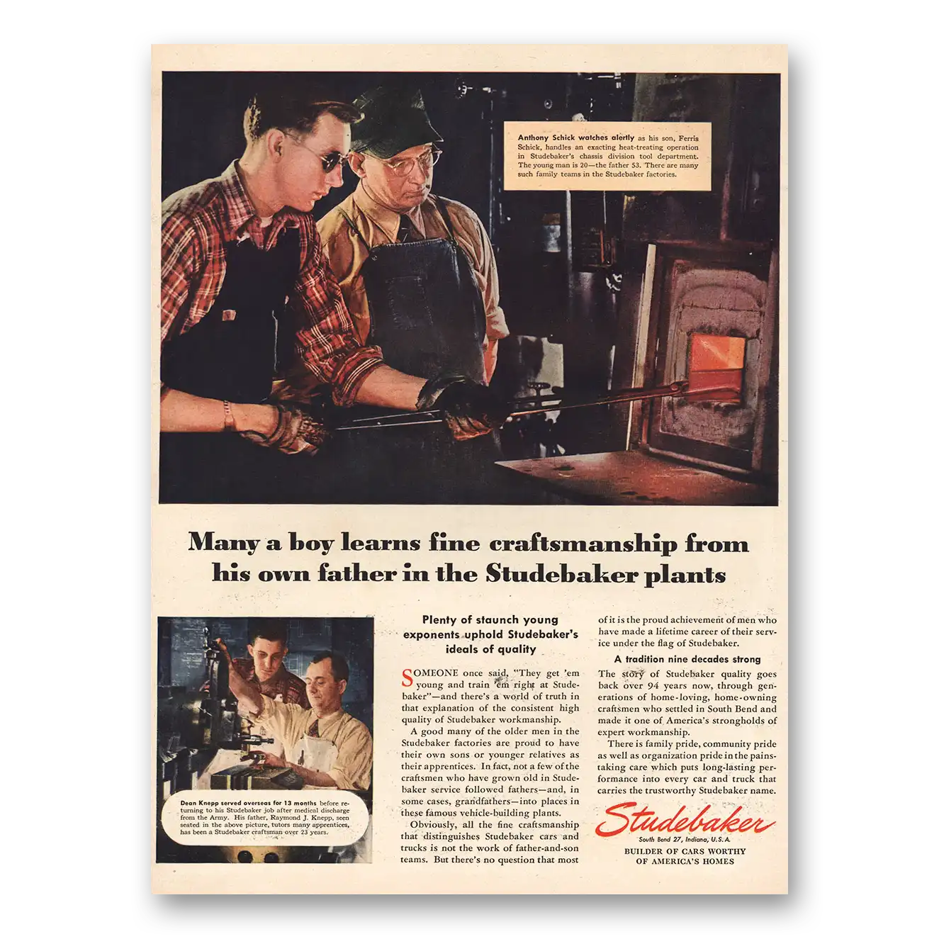 1946 Studebaker Boy Learns Fine Craftsmanshp From Father Vintage Magazine Print Ad