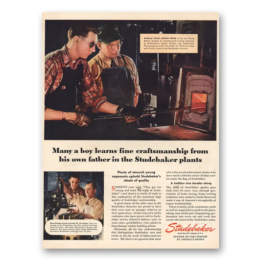 1946 Studebaker Boy Learns Fine Craftsmanshp From Father Vintage Magazine Print Ad