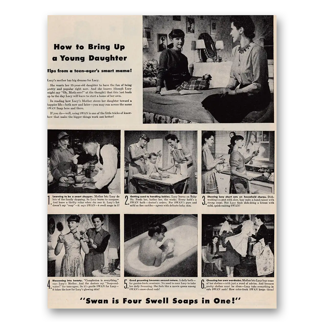 1946 Swan Soap How To Bring Up a Young Daughter Vintage Magazine Print Ad