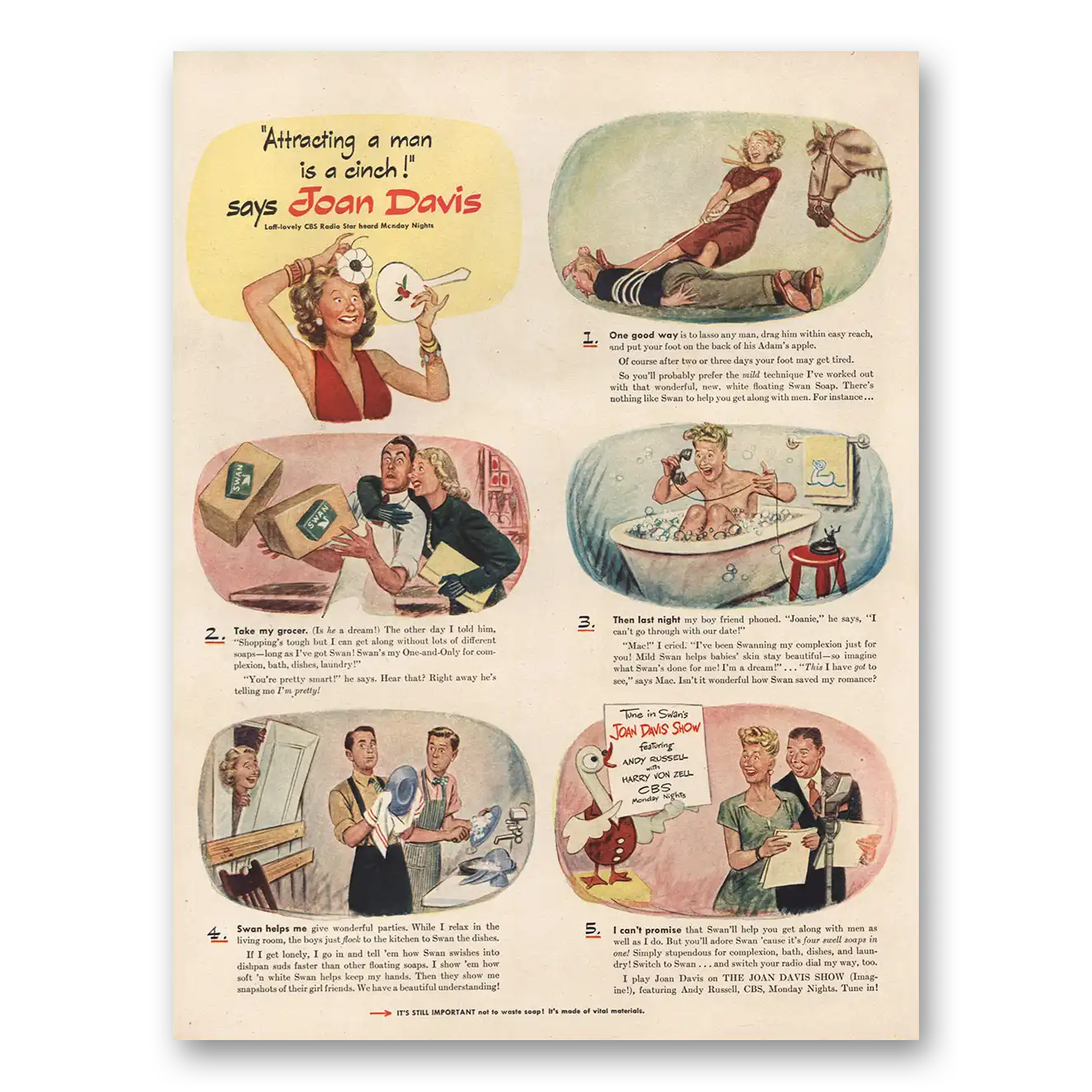 1946 Swan Soap Joan Davis Attracting a Man Is a Cinch Vintage Magazine Print Ad