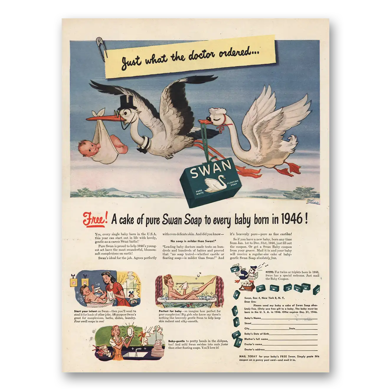 1946 Swan Soap Just What the Doctor Ordered Vintage Magazine Print Ad