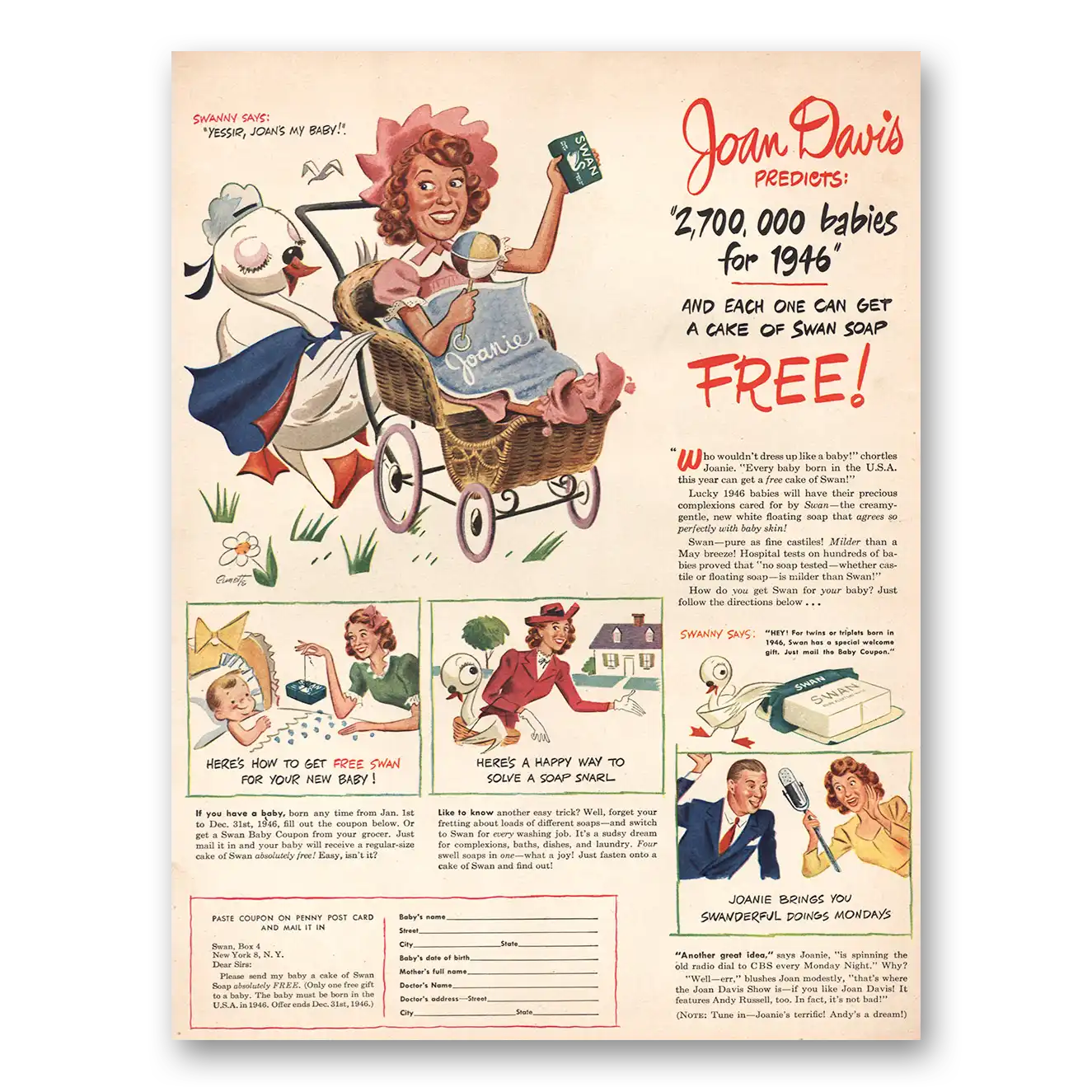 1946 Swan Soap Joan Davis Predicts 270000 Babies Vintage Magazine Print Ad