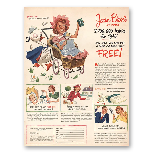 1946 Swan Soap Joan Davis Predicts 270000 Babies Vintage Magazine Print Ad