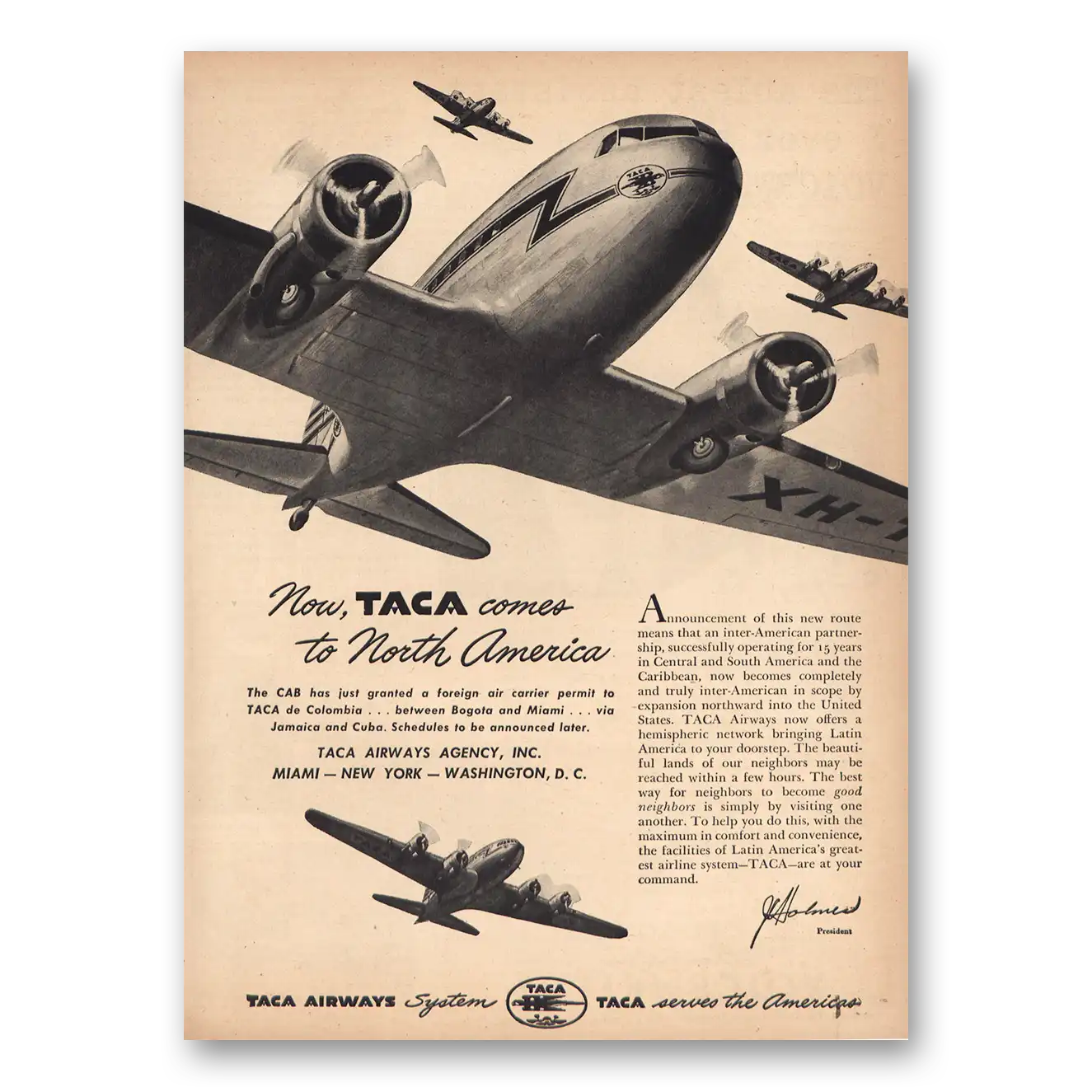 1946 TACA Airways Comes to North America Vintage Magazine Print Ad