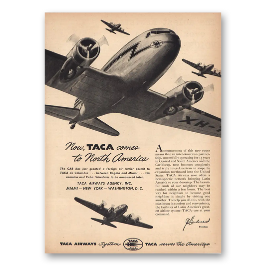 1946 TACA Airways Comes to North America Vintage Magazine Print Ad