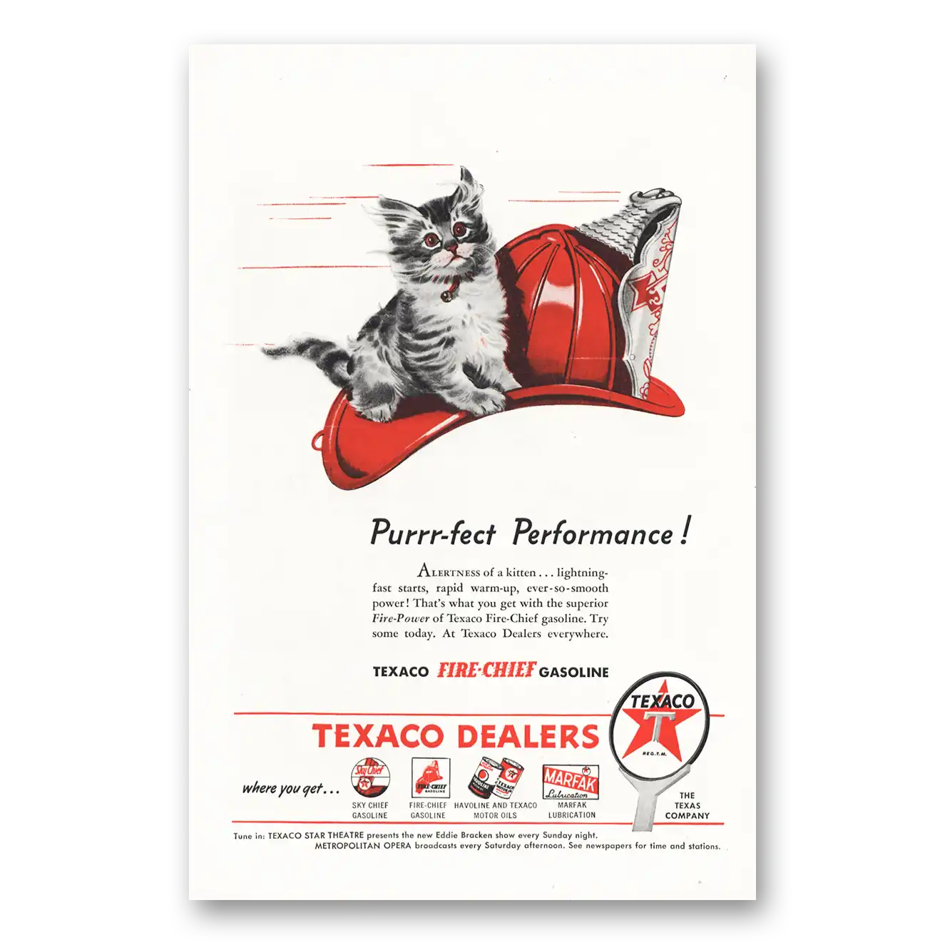 1946 Texaco Fire Chief Gasoline Purrr fect Performance Kitten Vintage Magazine Print Ad