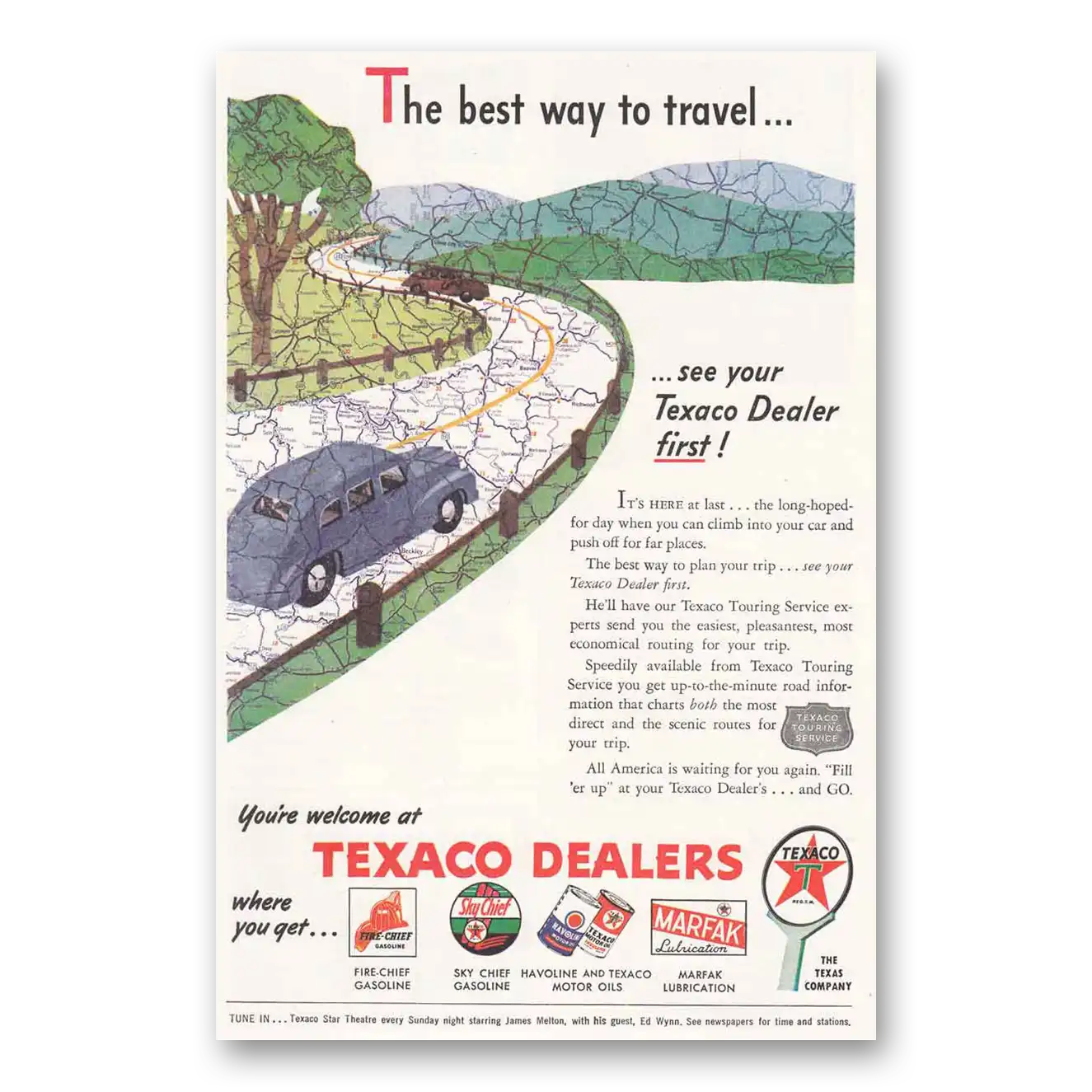 1946 Texaco Dealers Road Map Best Way to Travel Vintage Magazine Print Ad