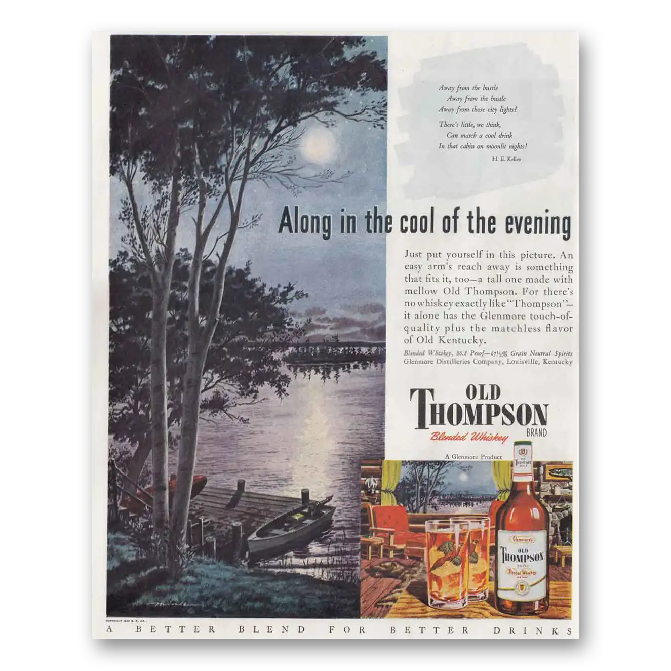 1946 Old Thompson Whiskey Cool of the Evening Vintage Magazine Print Ad