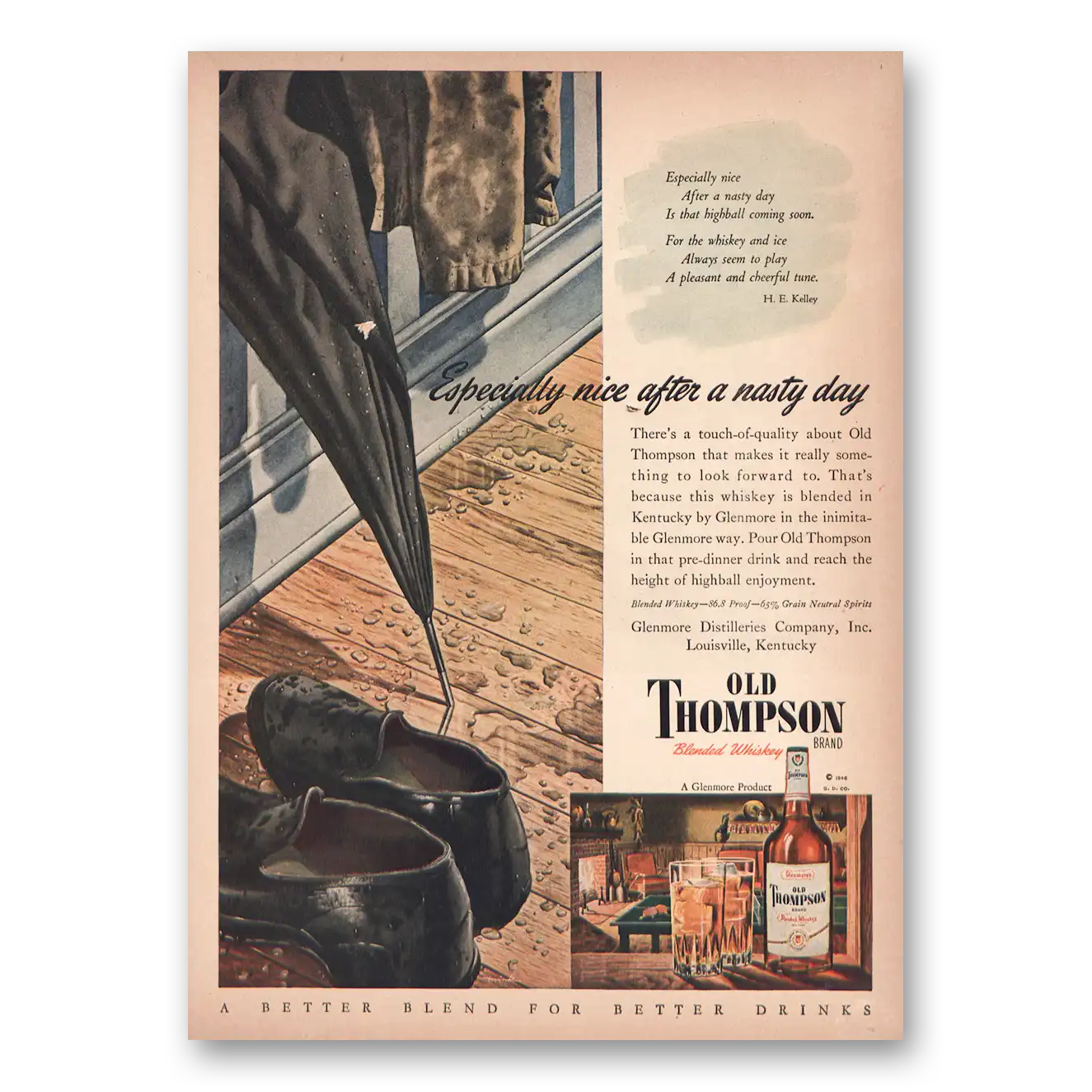 1946 Old Thompson Whiskey Nice After a Nasty Day Vintage Magazine Print Ad