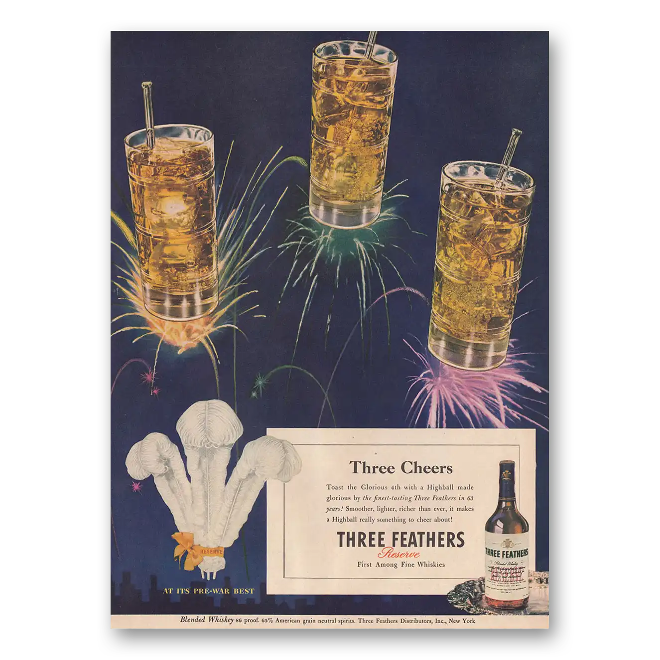 1946 Three Feathers Whiskey Three Cheers Vintage Magazine Print Ad