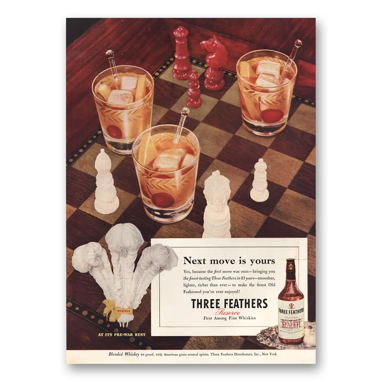 1946 Three Feathers Whiskey Next Move Is Yours Chess Vintage Magazine Print Ad