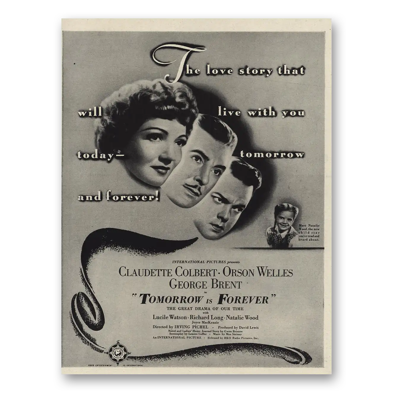 1946 Tomorrow Is Forever Movie Promo Claudette Colbert and Orson Welles Vintage Magazine Print Ad