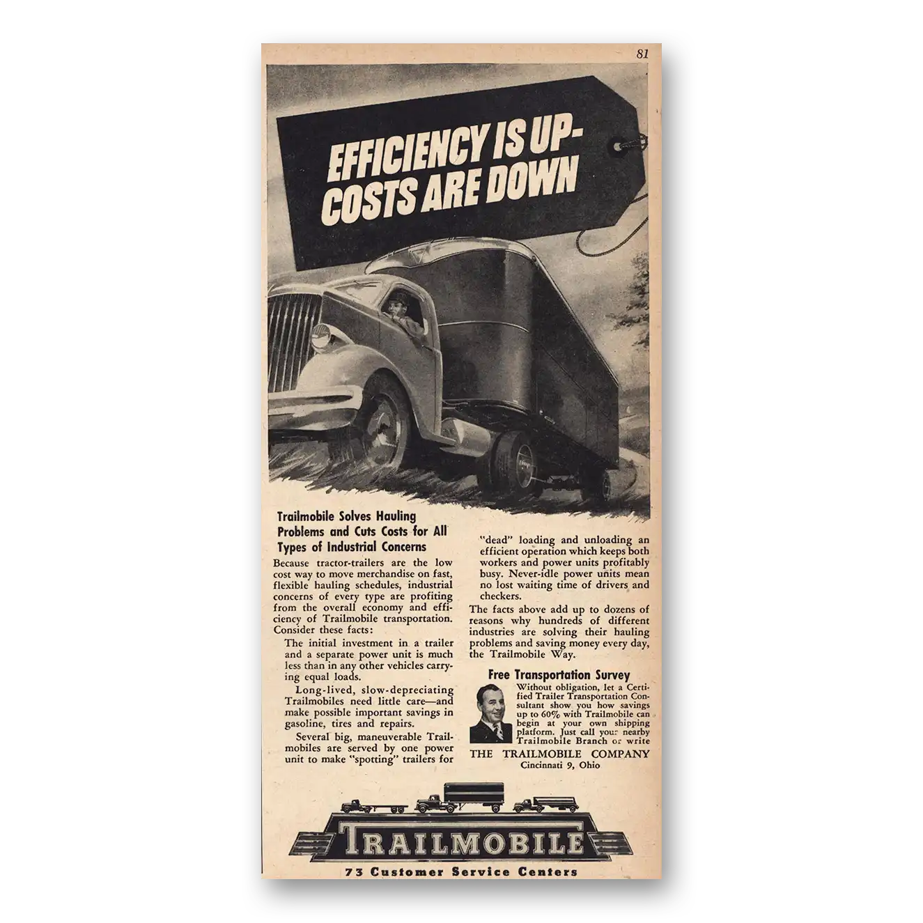 1946 Trailmobile Efficiency Is Up Vintage Magazine Print Ad