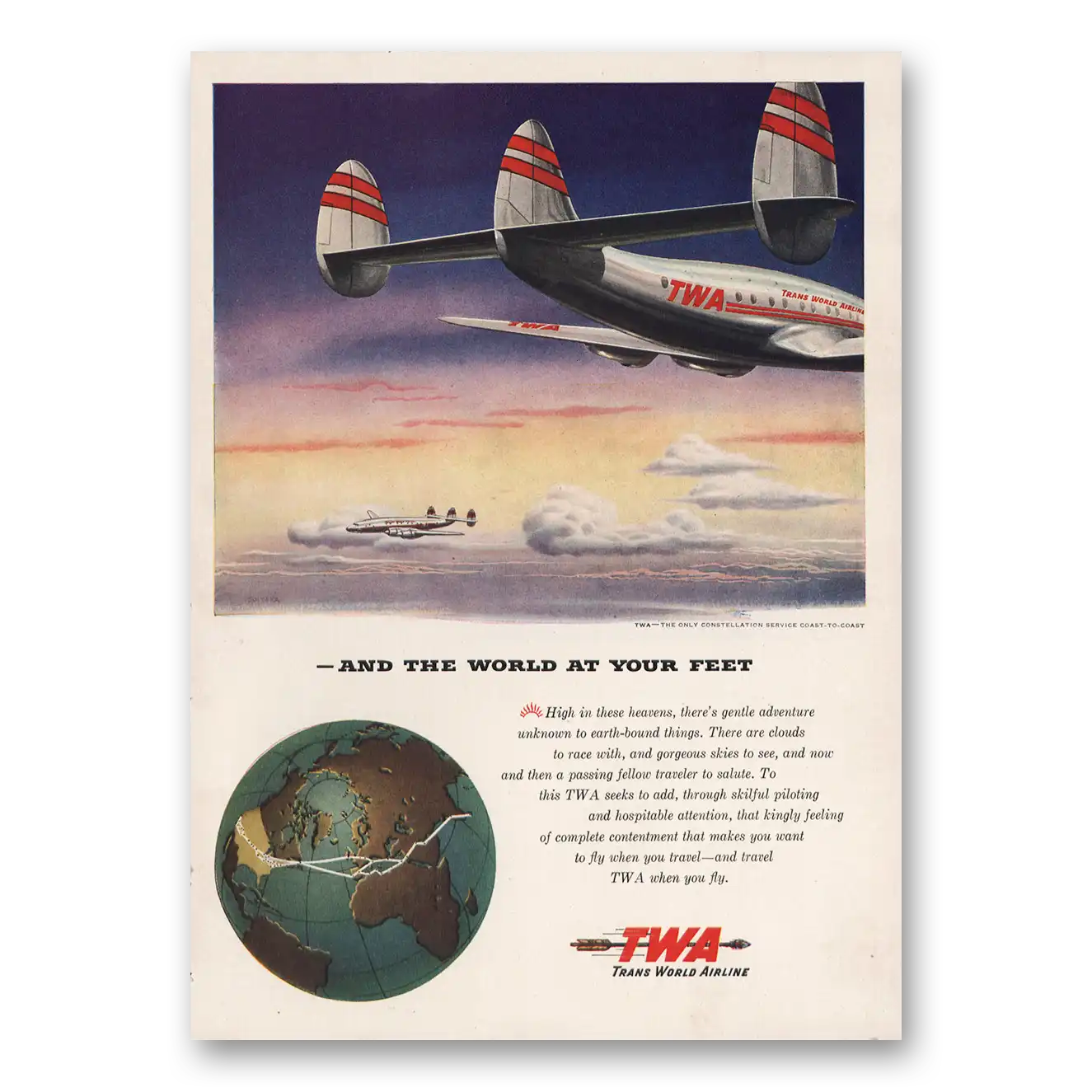 1946 TWA Airlines And the World At Your Feet Vintage Magazine Print Ad