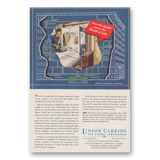 1946 Union Carbide From This Outlet Comes the Breath of Life Vintage Magazine Print Ad