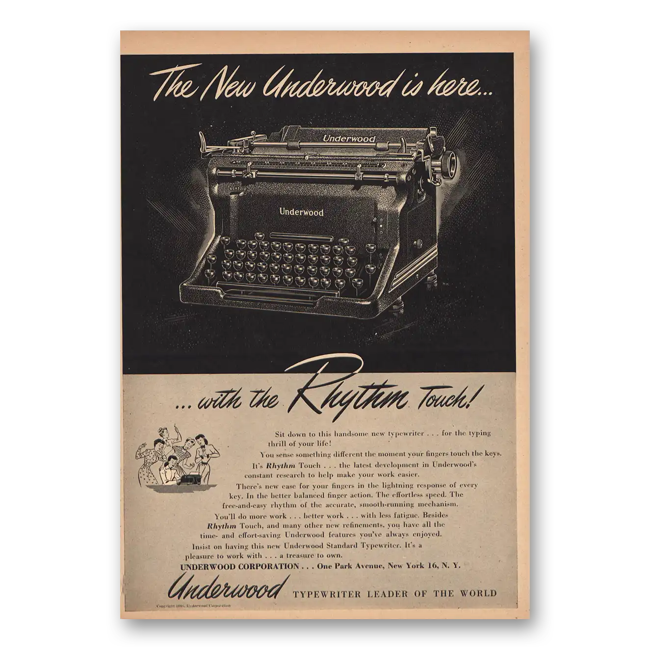 1946 Underwood Typewriter With the Rhythm Touch Vintage Magazine Print Ad