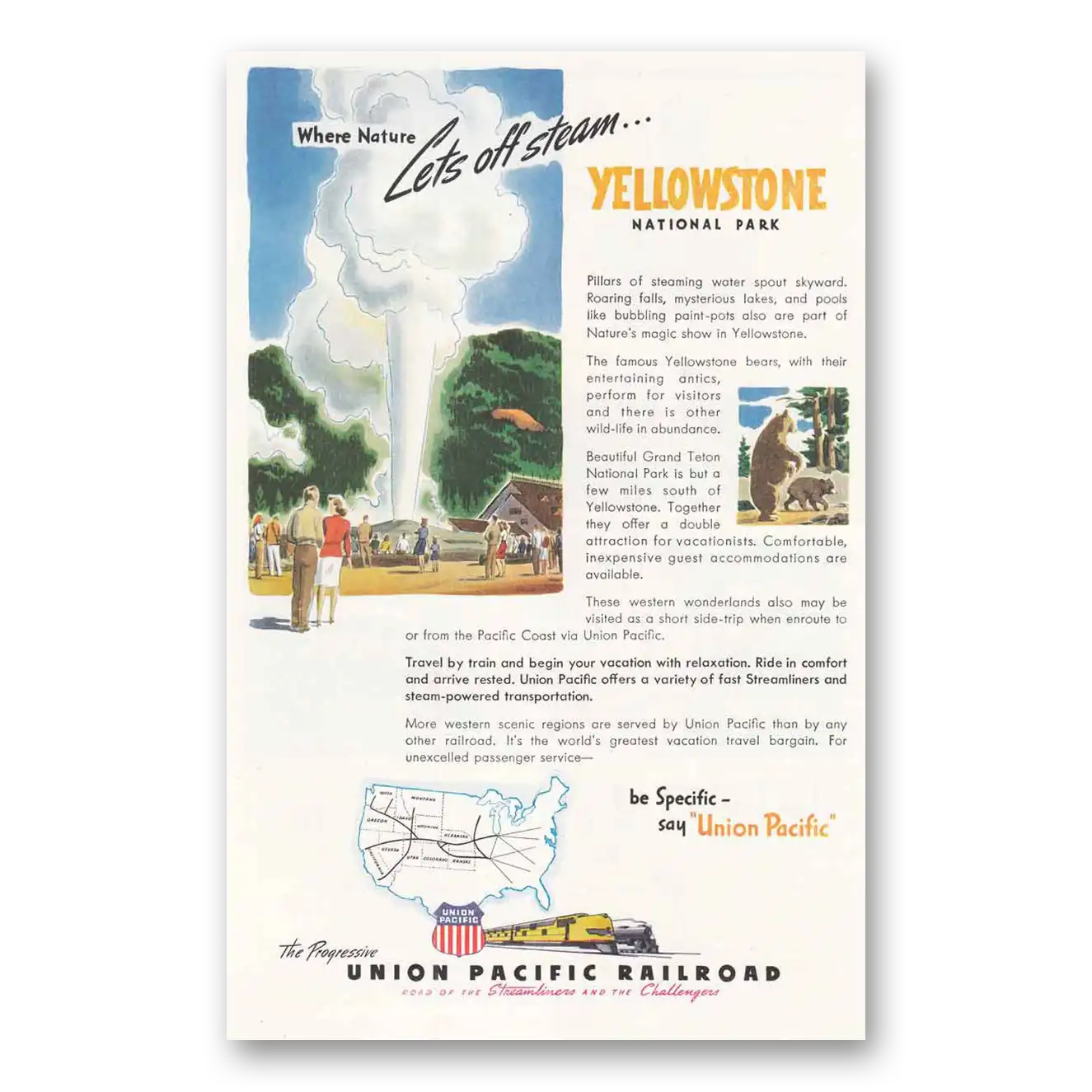 1946 Union Pacific Railroad Lets Off Steam Yellowstone Vintage Magazine Print Ad