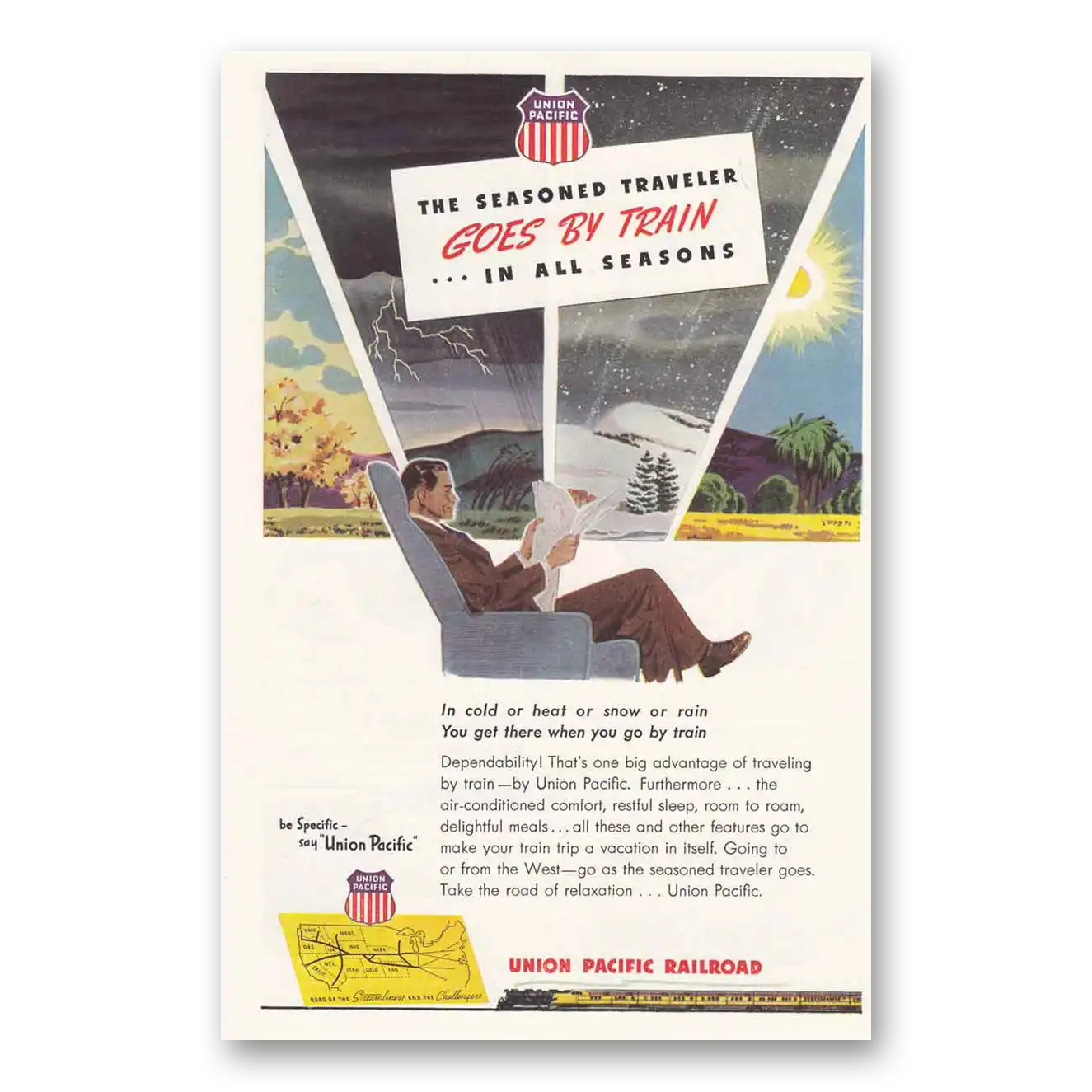 1946 Union Pacific Railroad Goes By Train in All Seasons Vintage Magazine Print Ad