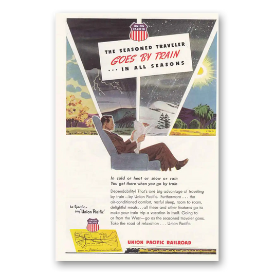 1946 Union Pacific Railroad Goes By Train in All Seasons Vintage Magazine Print Ad