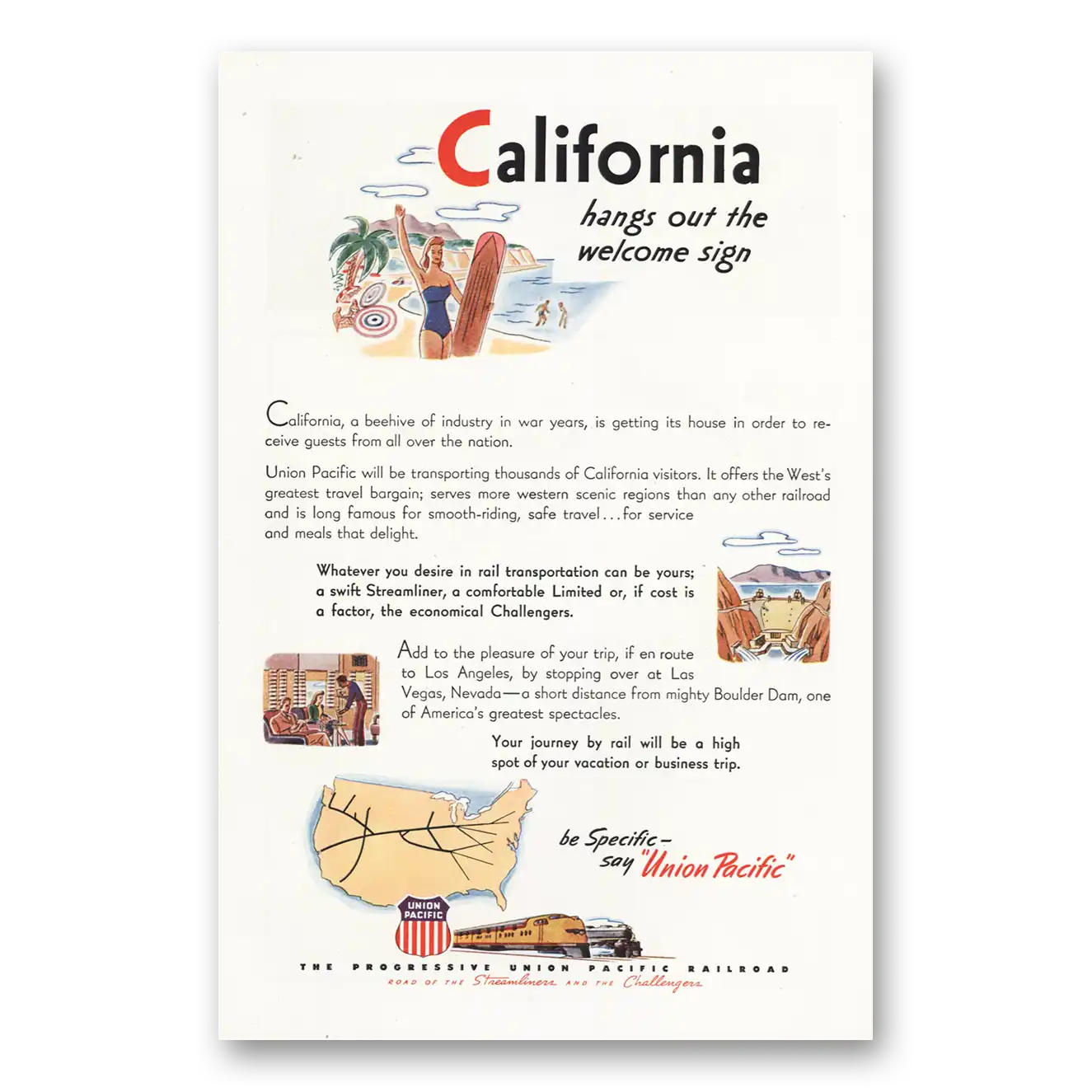 1946 Union Pacific Railroad California Hangs Out the Welcome Sign Vintage Magazine Print Ad