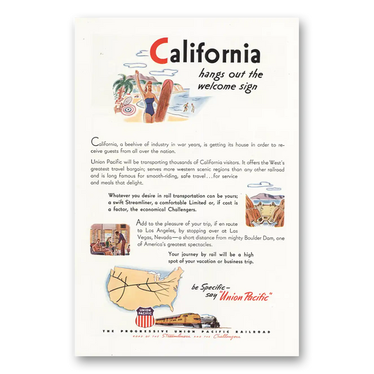 1946 Union Pacific Railroad California Hangs Out the Welcome Sign Vintage Magazine Print Ad