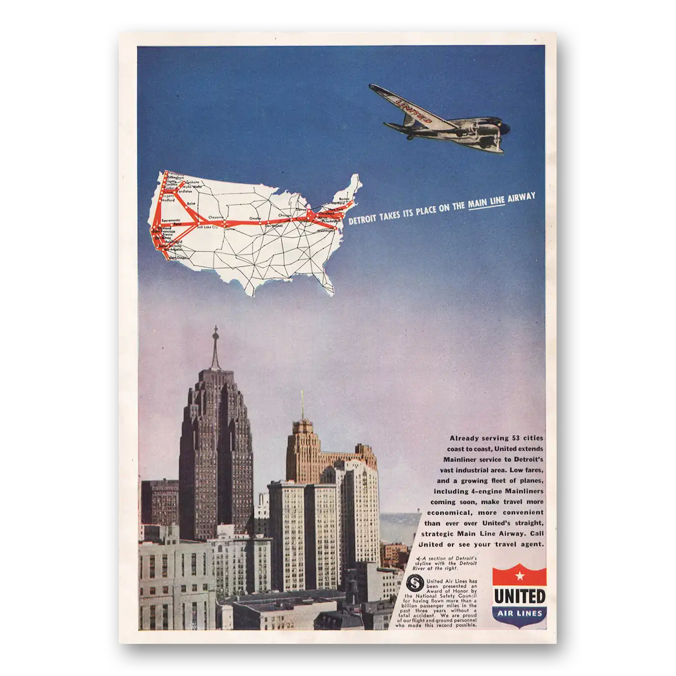 1946 United Airlines Detroit Takes Its Place Vintage Magazine Print Ad