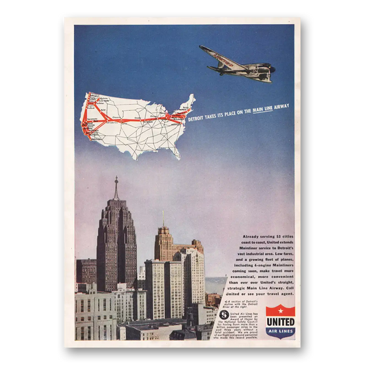 1946 United Airlines Detroit Takes Its Place Vintage Magazine Print Ad