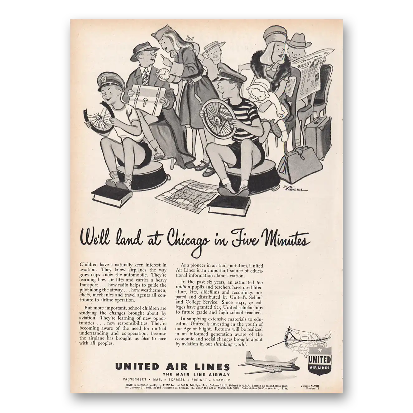 1946 United Airlines Land Chicago In Five Minutes Vintage Magazine Print Ad