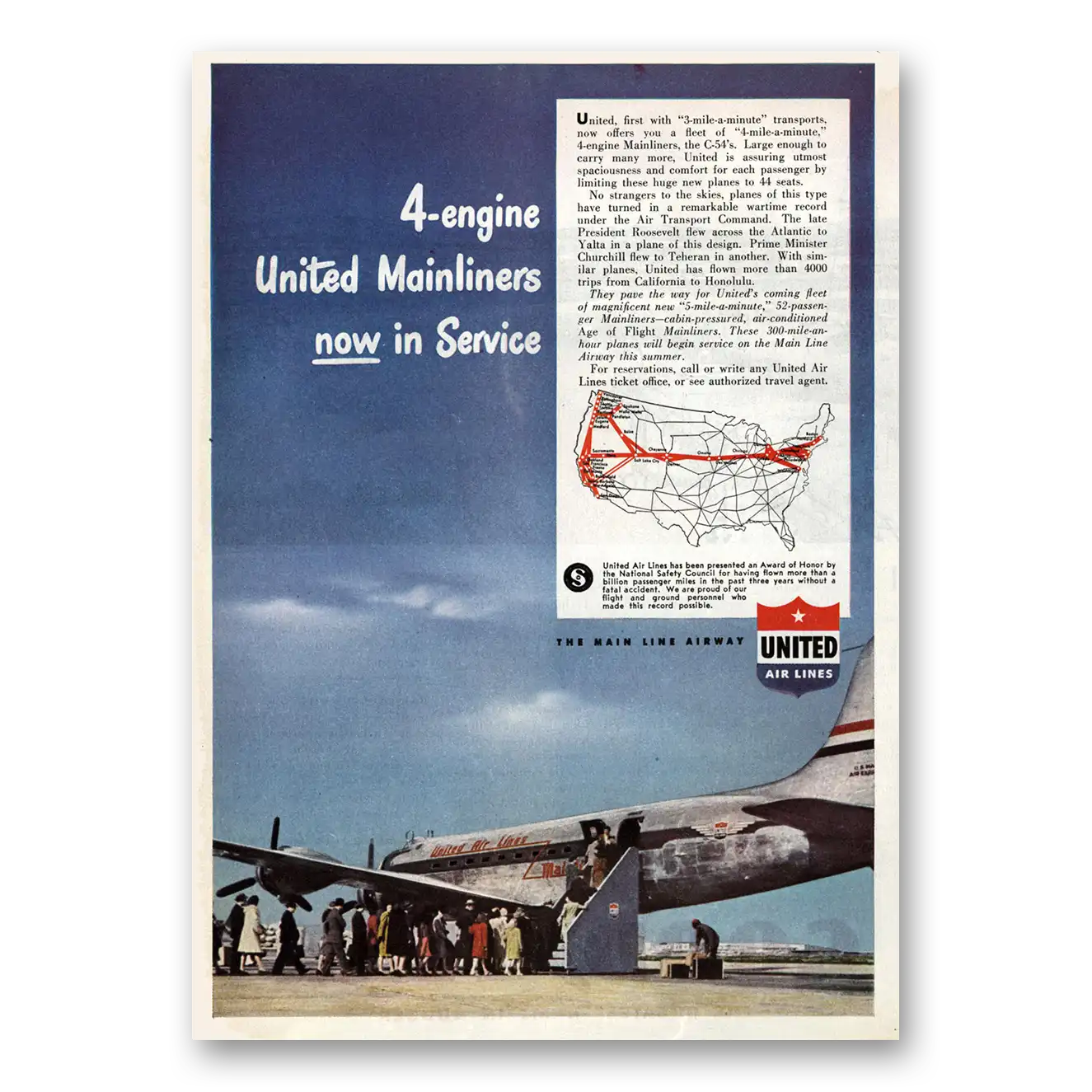 1946 United Airlines Mainliners Now In Service Vintage Magazine Print Ad