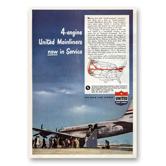 1946 United Airlines Mainliners Now In Service Vintage Magazine Print Ad