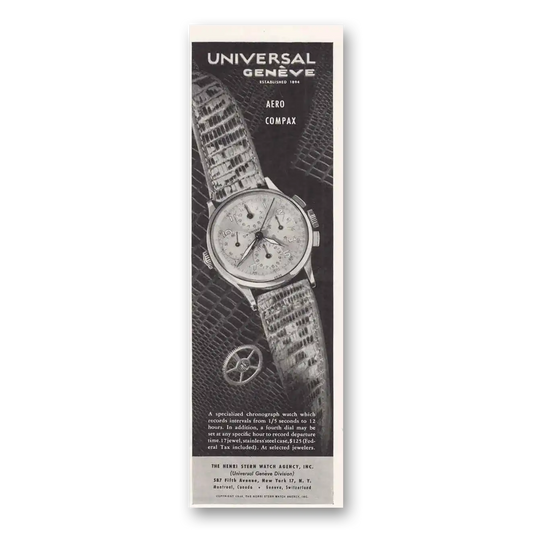 1946 Universal Geneve Watch Aero Compax Vintage Magazine Print Ad