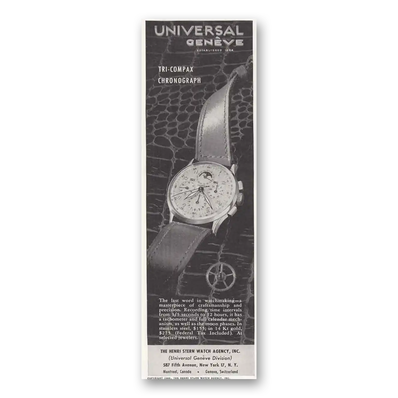 1946 Universal Geneve Watch Tri Compax Chronograph Vintage Magazine Print Ad