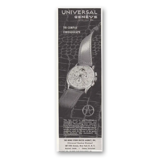 1946 Universal Geneve Watch Tri Compax Chronograph Vintage Magazine Print Ad