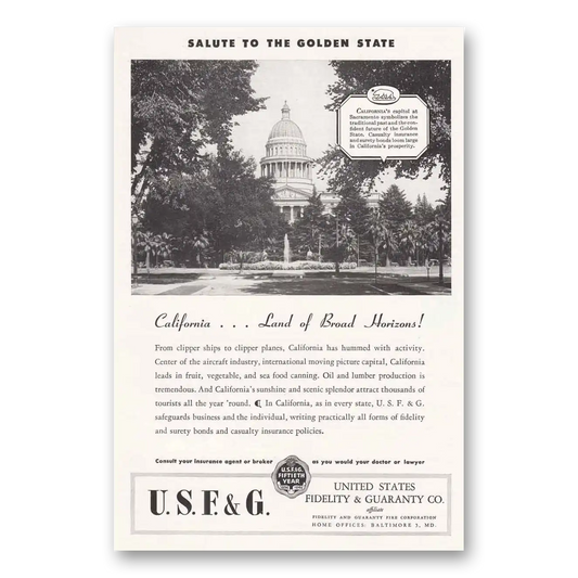 1946 USF&G Salute to the Golden State California Vintage Magazine Print Ad